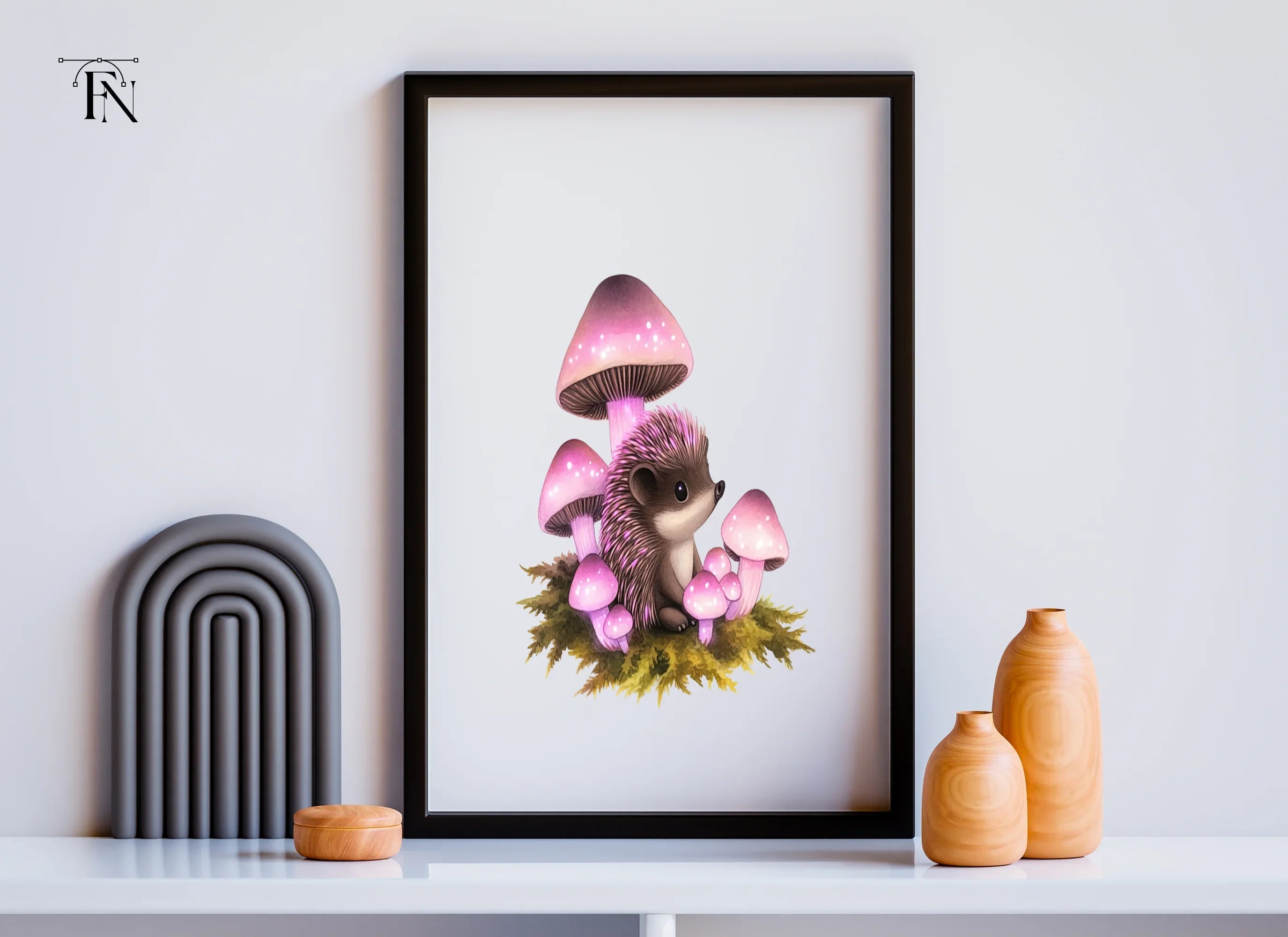 Fantasy Hedgehogs with Pink Mushrooms Clipart Bundle