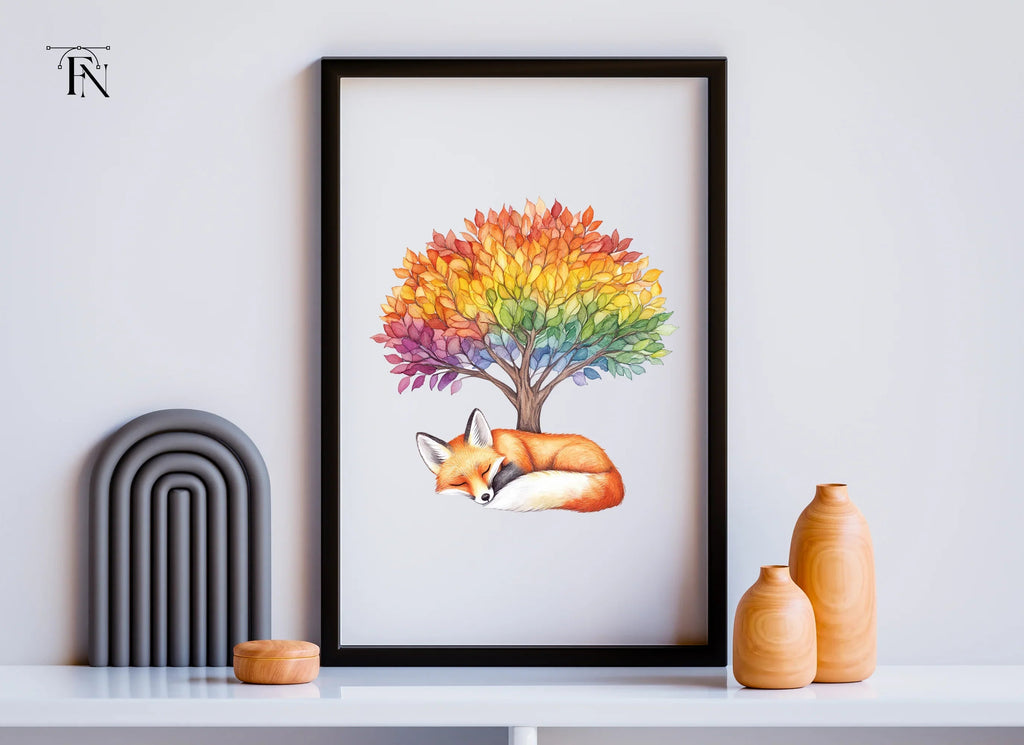 Sleeping Fox Under Rainbow Tree Clipart Bundle