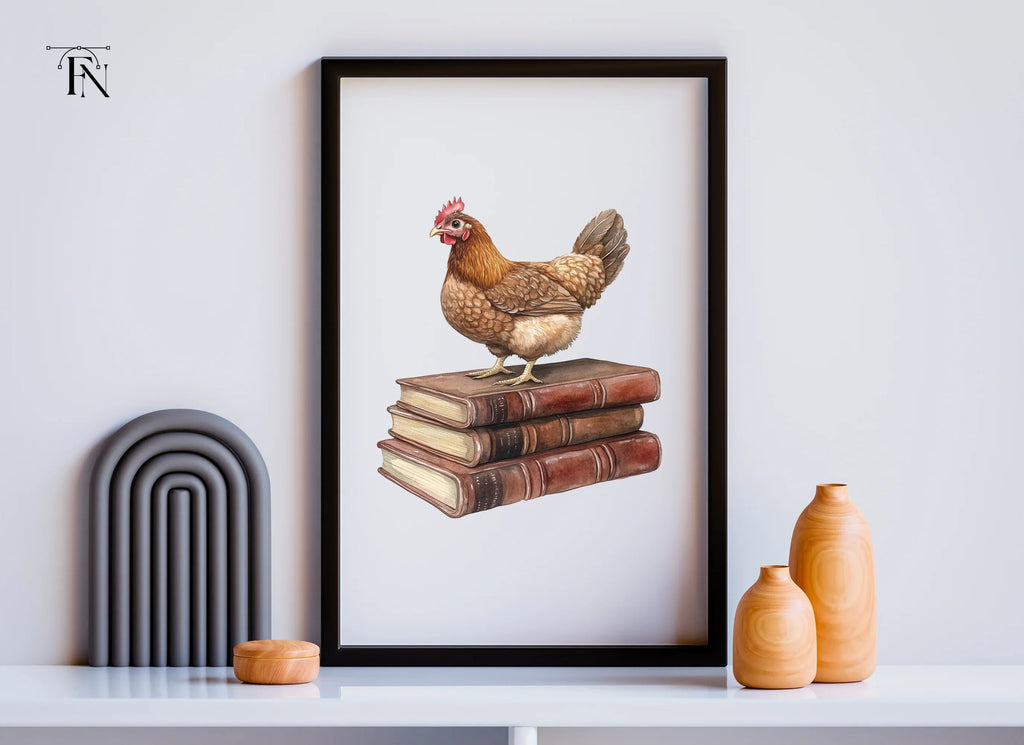 Brown Chickens on Vintage Books Clipart Bundle