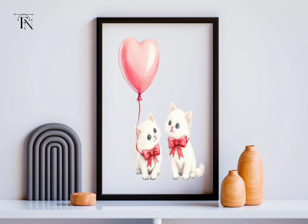 Cute Kittens with Pink Heart Balloons Clipart Bundle