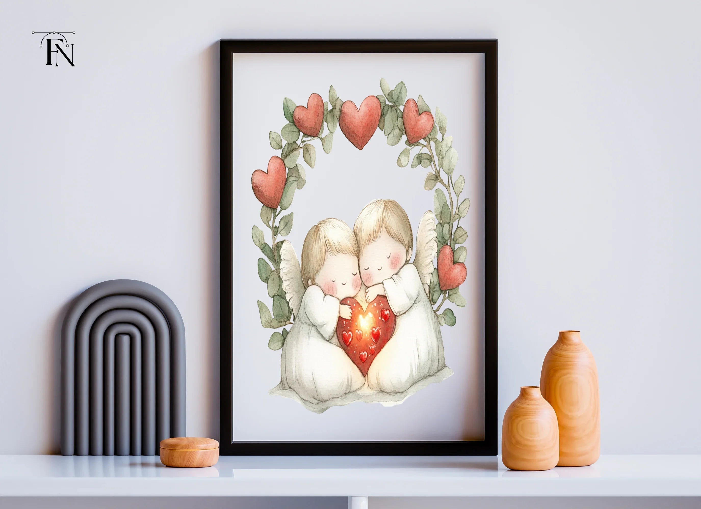 Cute Angel Couple with Heart Wreath Clipart Bundle