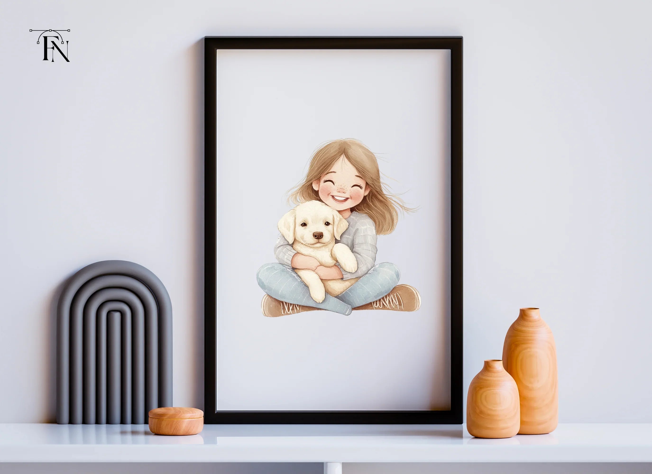 Happy Girl Cuddling Puppy Clipart Bundle