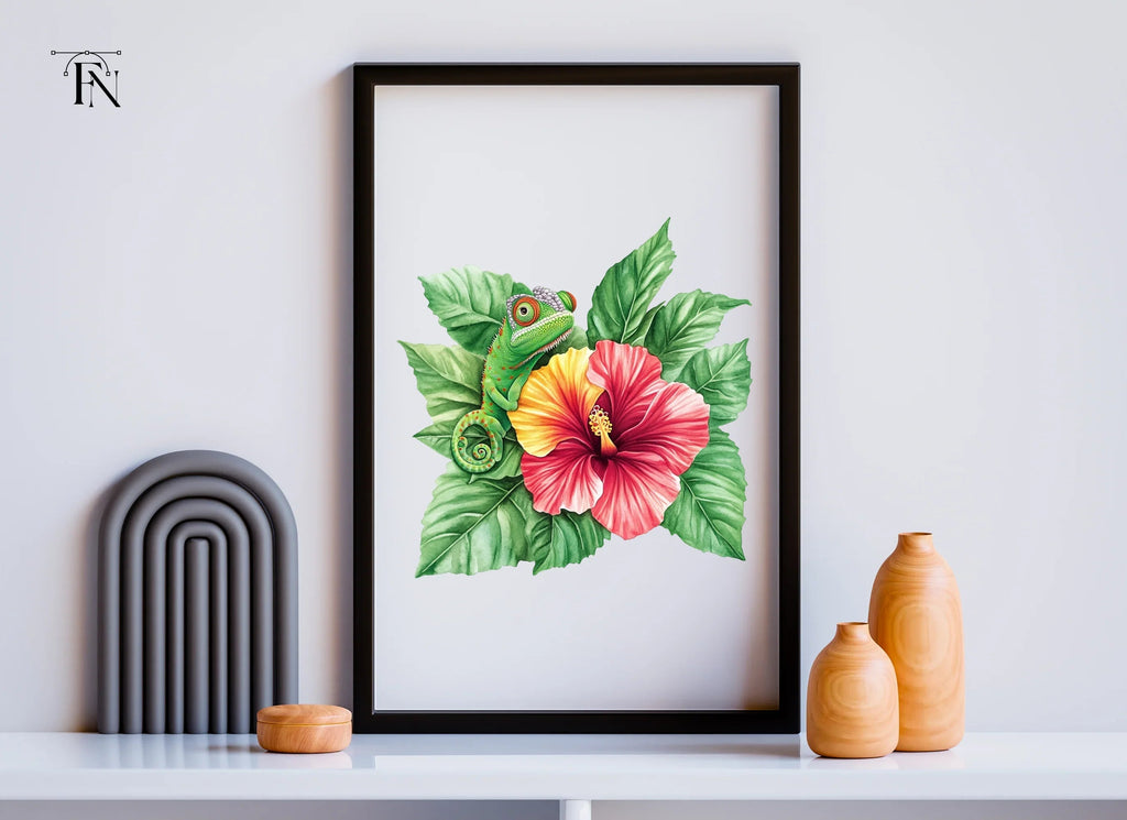 Cute Chameleon on Hibiscus Clipart Bundle