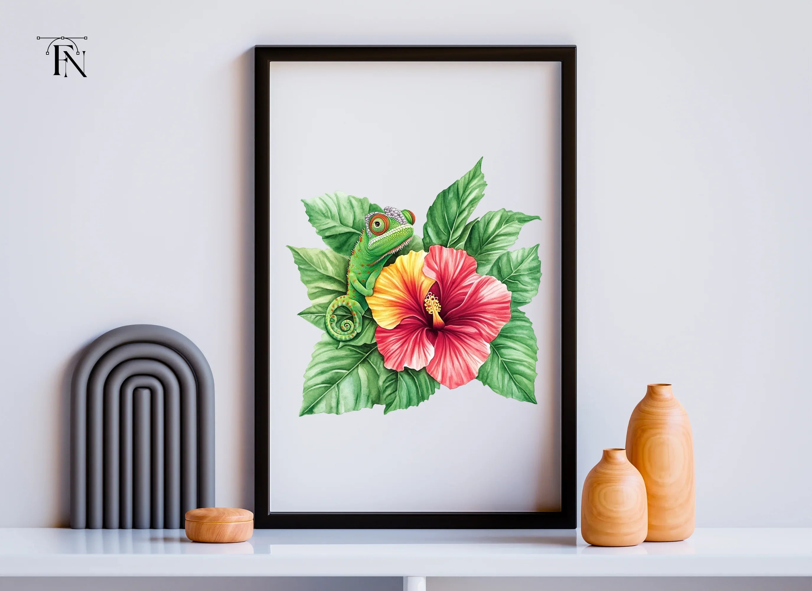 Cute Chameleon on Hibiscus Clipart Bundle
