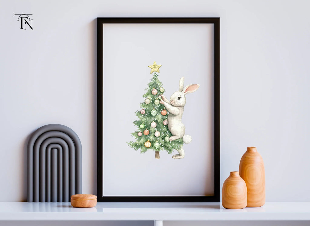 White Bunnies Decorating Christmas Tree Clipart Bundle