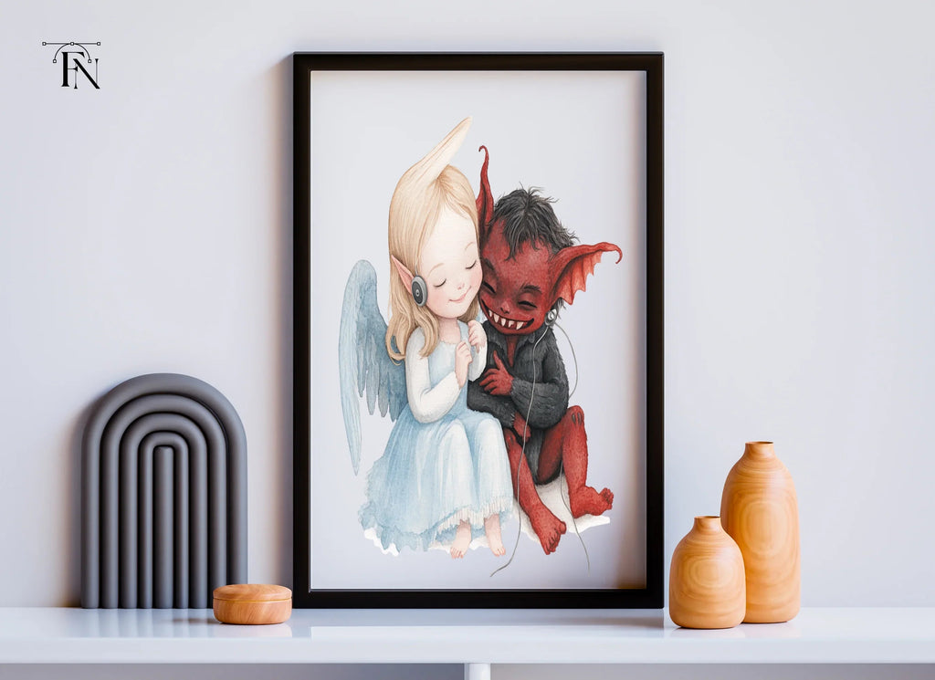 Cute Angel and Devil Listening to Music Clipart Bundle