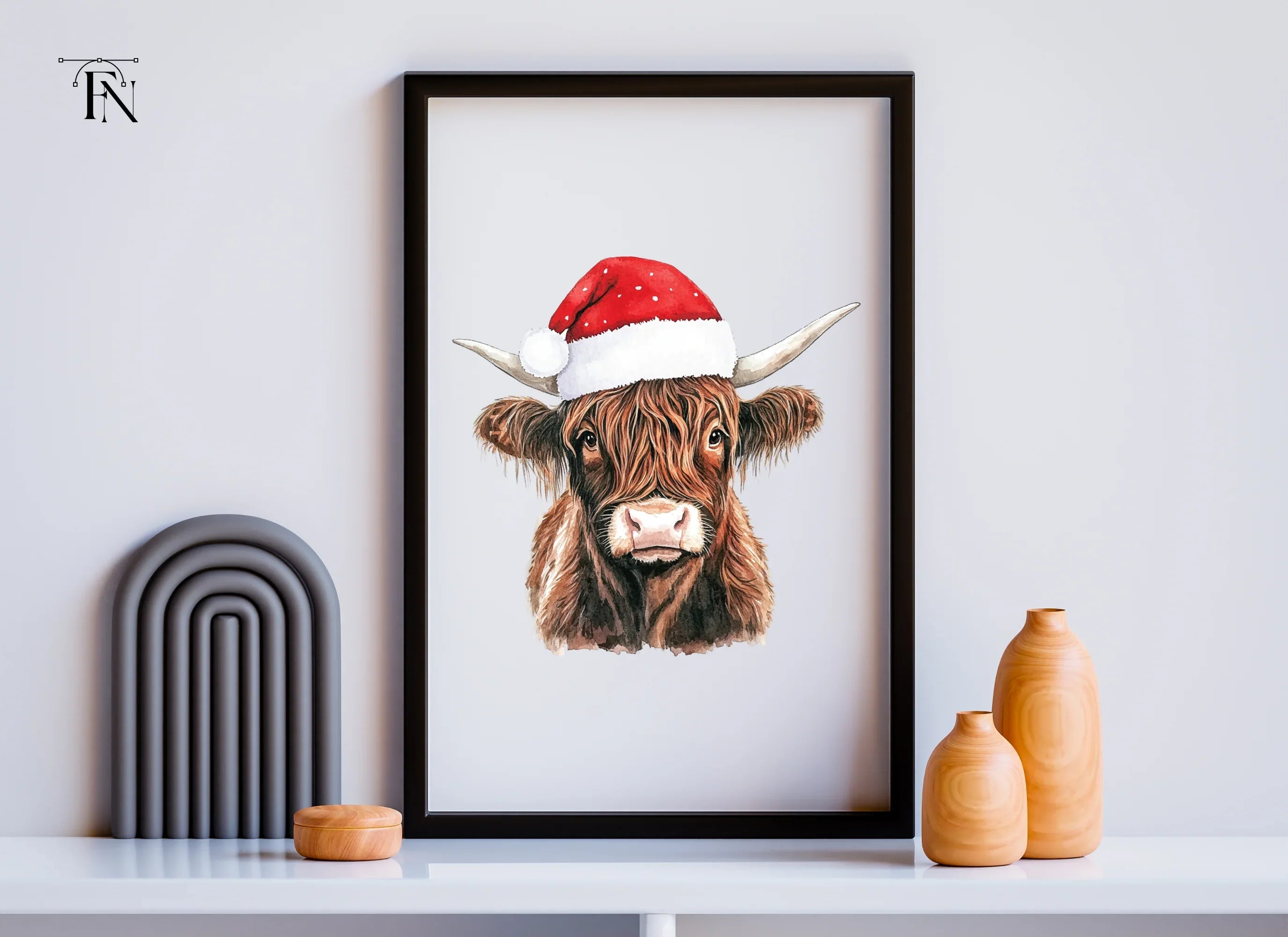 Cute Highland Cow with Santa Hat Clipart Bundle