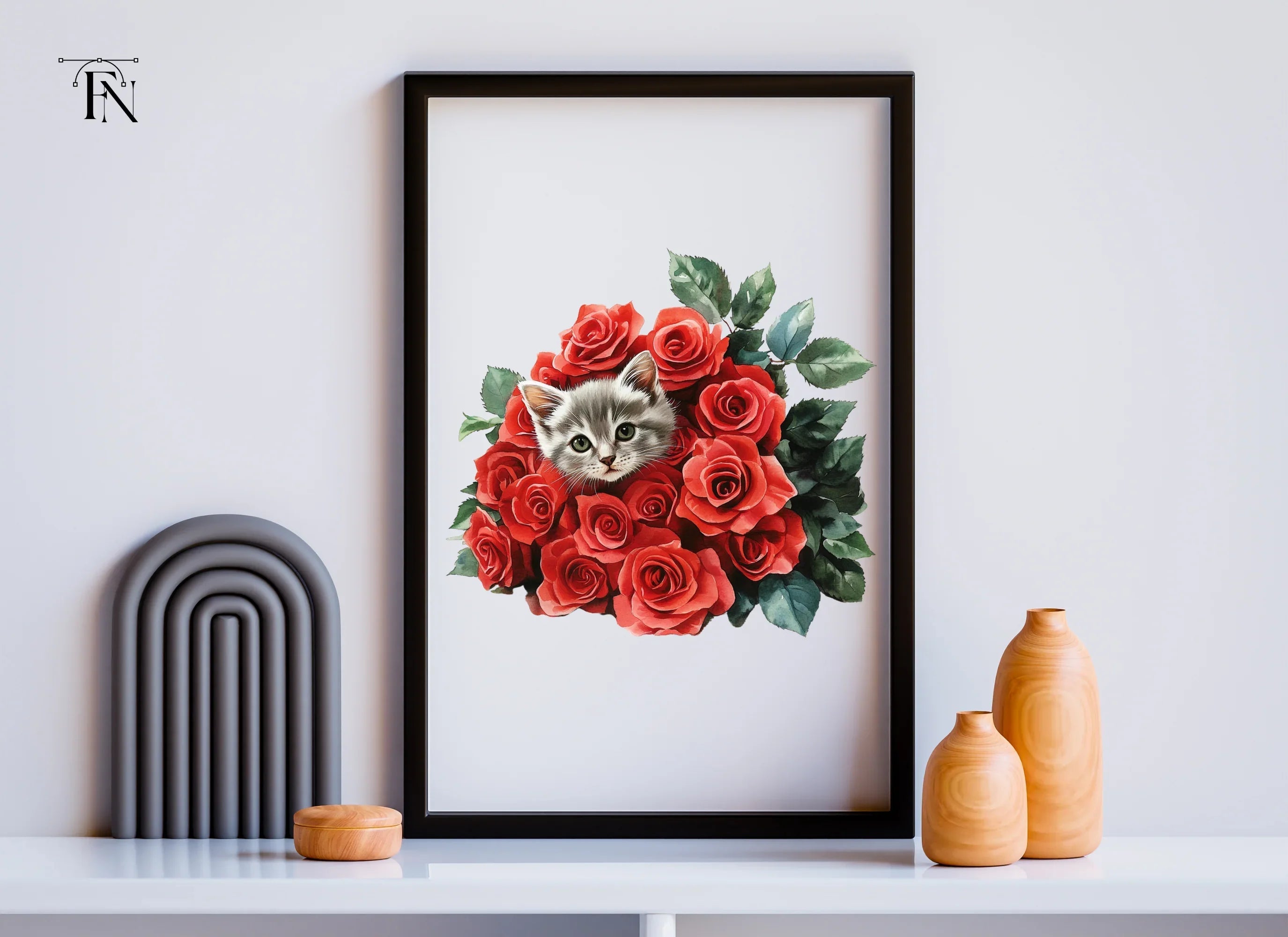 Cute Kitten and Red Roses Clipart Bundle