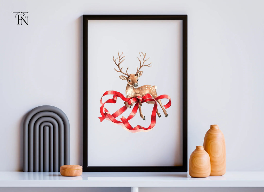 Cute Christmas Reindeer with Red Ribbons Clipart Bundle
