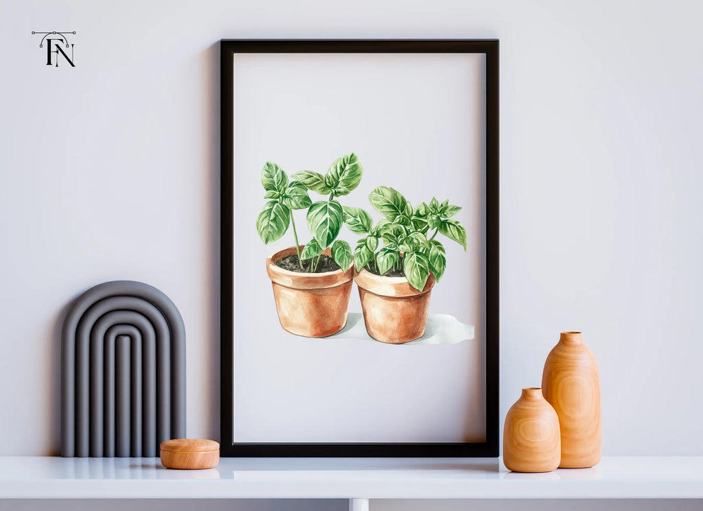 Fresh Basil Plants in Terracotta Pots Clipart Bundle