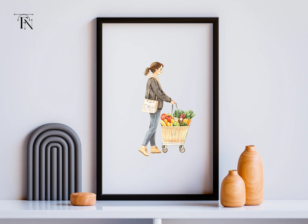 Woman Shopping with Grocery Cart Clipart Bundle