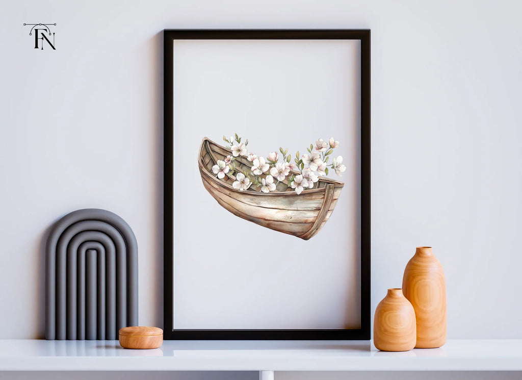 Small Wooden Boat with Pink Flowers Clipart Bundle