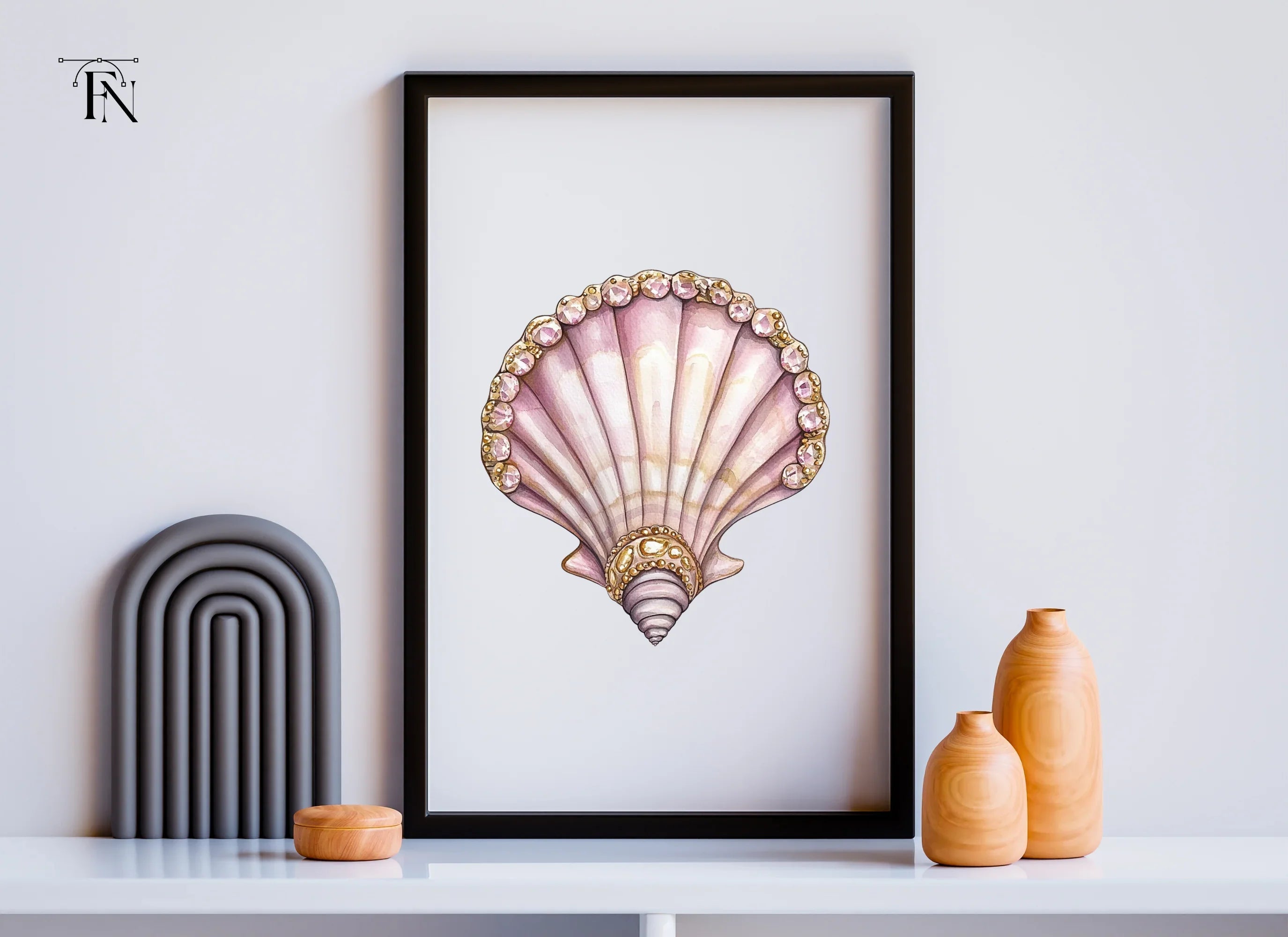 Pink Seashells with Gold Gem Clipart Bundle