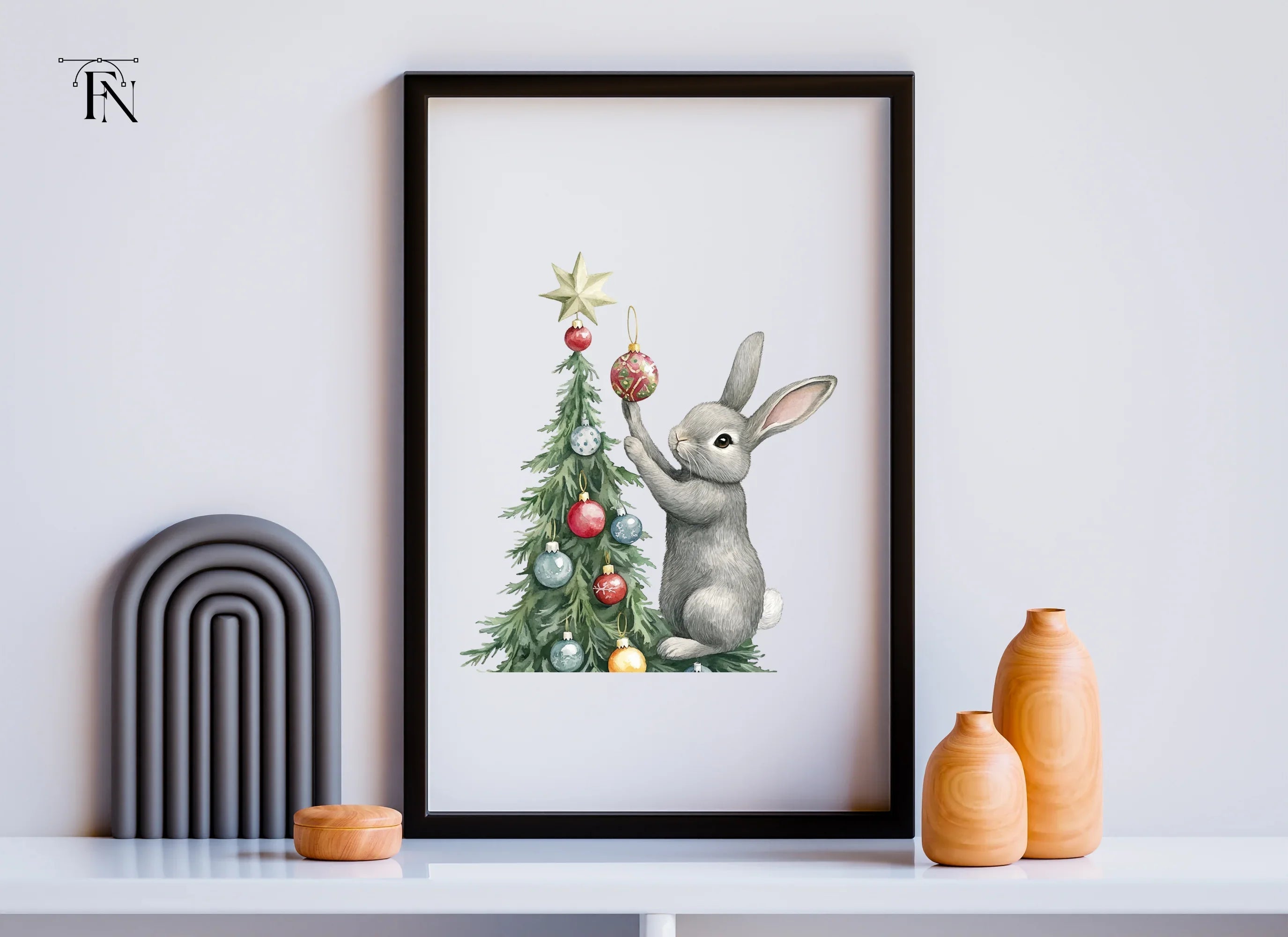 Gray Rabbit Holiday Tree Decorating Clipart Bundle