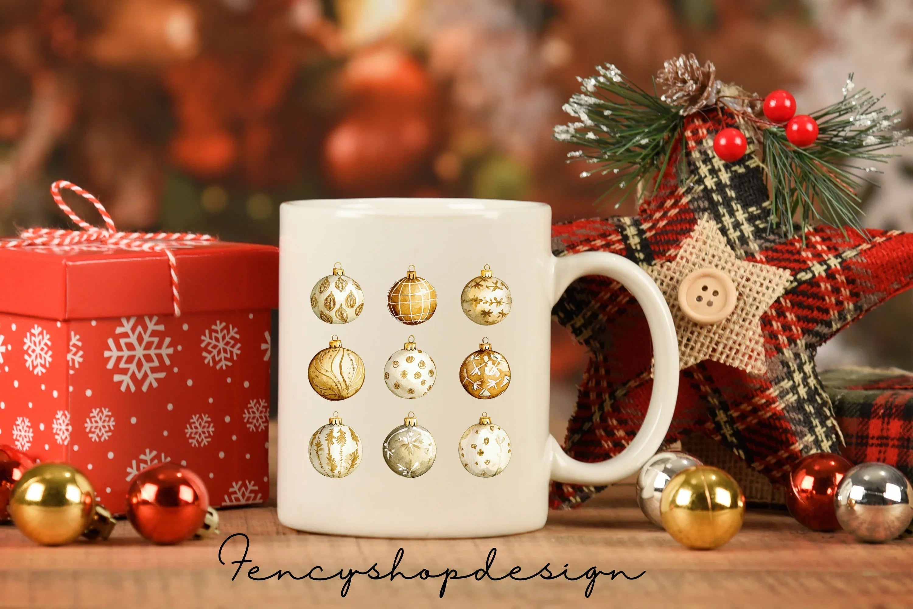 Golden Christmas Ornaments Holly Clipart Bundle