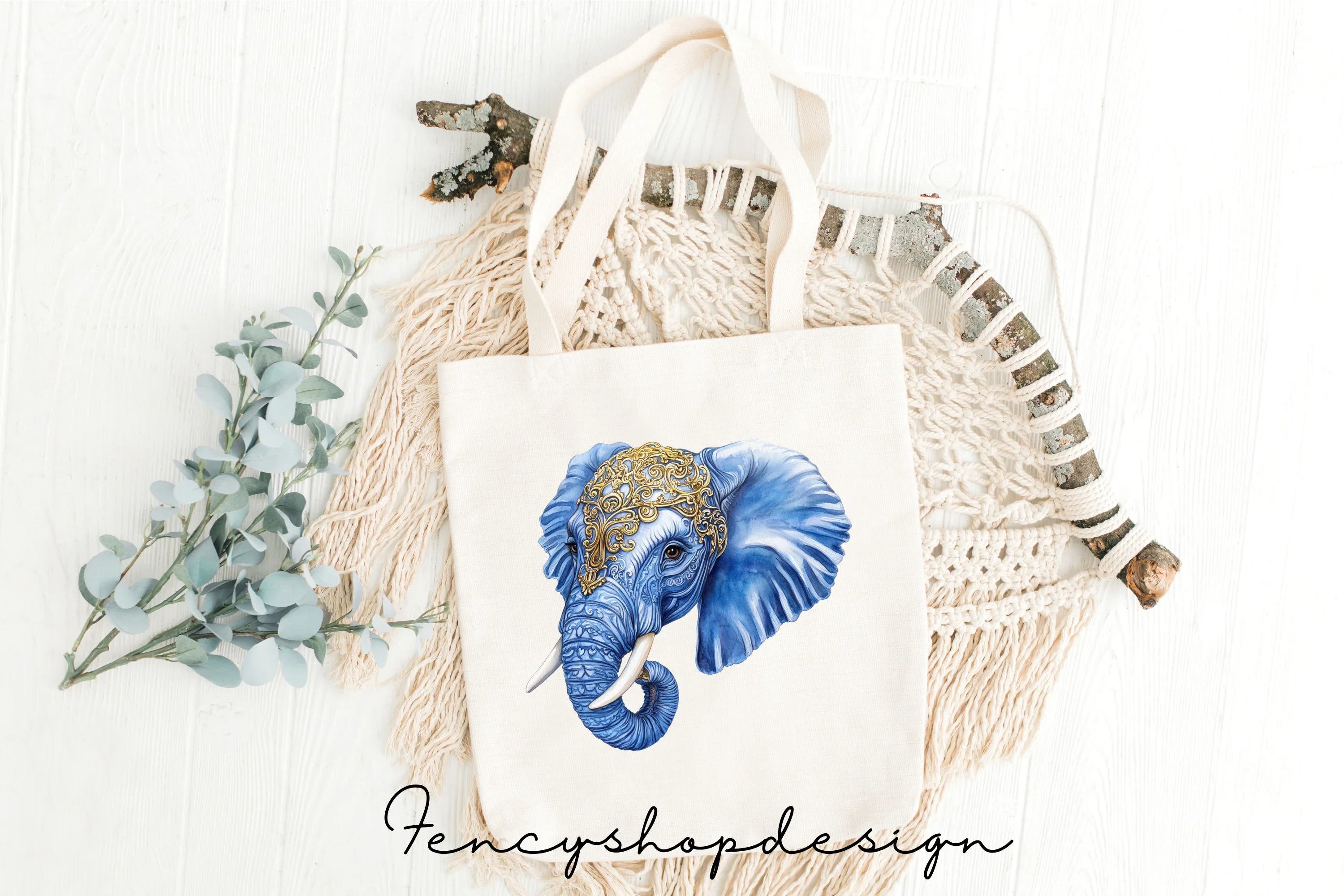 Majestic Blue Gold Elephant Clipart Bundle