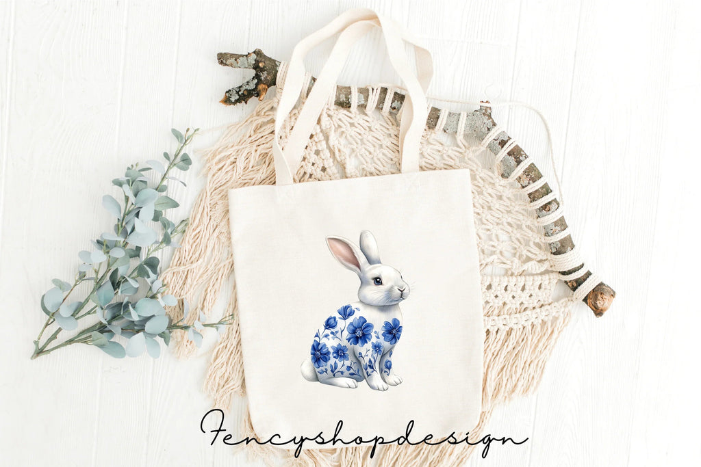 Chinoiserie Blue White Bunny Clipart Bundle