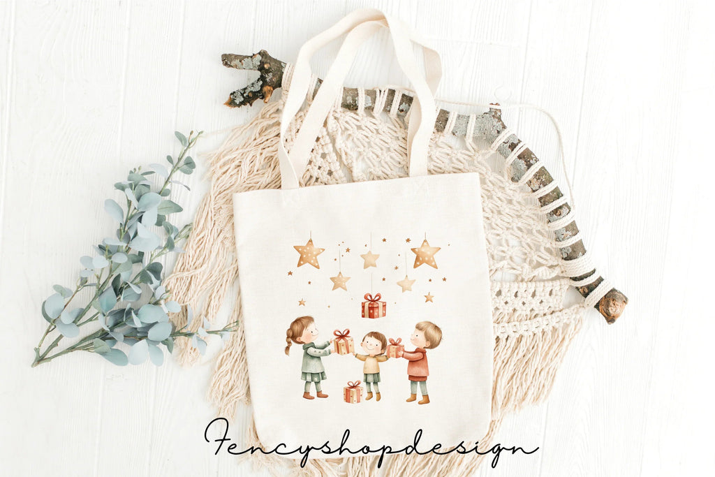 Kids Decorating Christmas Tree Clipart Bundle