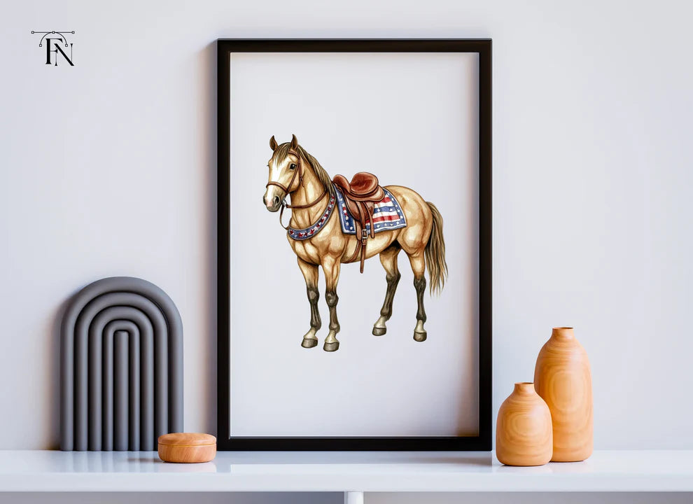 Framed wall art mockup featuring a patriotic horse digital product.