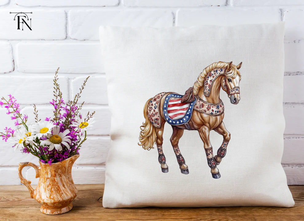 throw pillow mockup with a patriotic horse digital product.