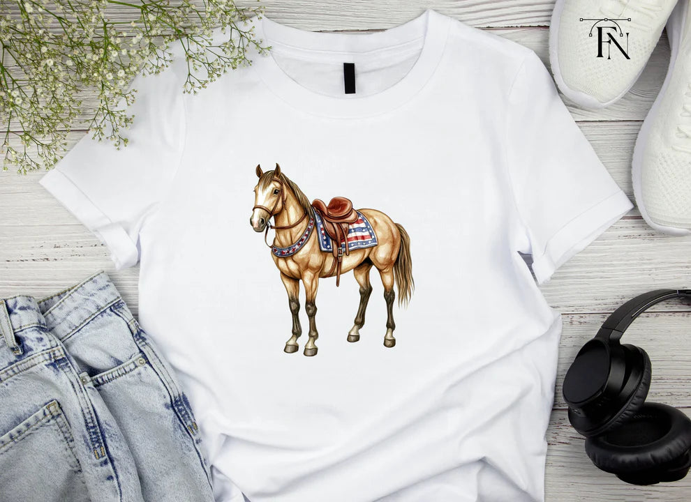 White t-shirt mockup showcasing a patriotic horse digital product.