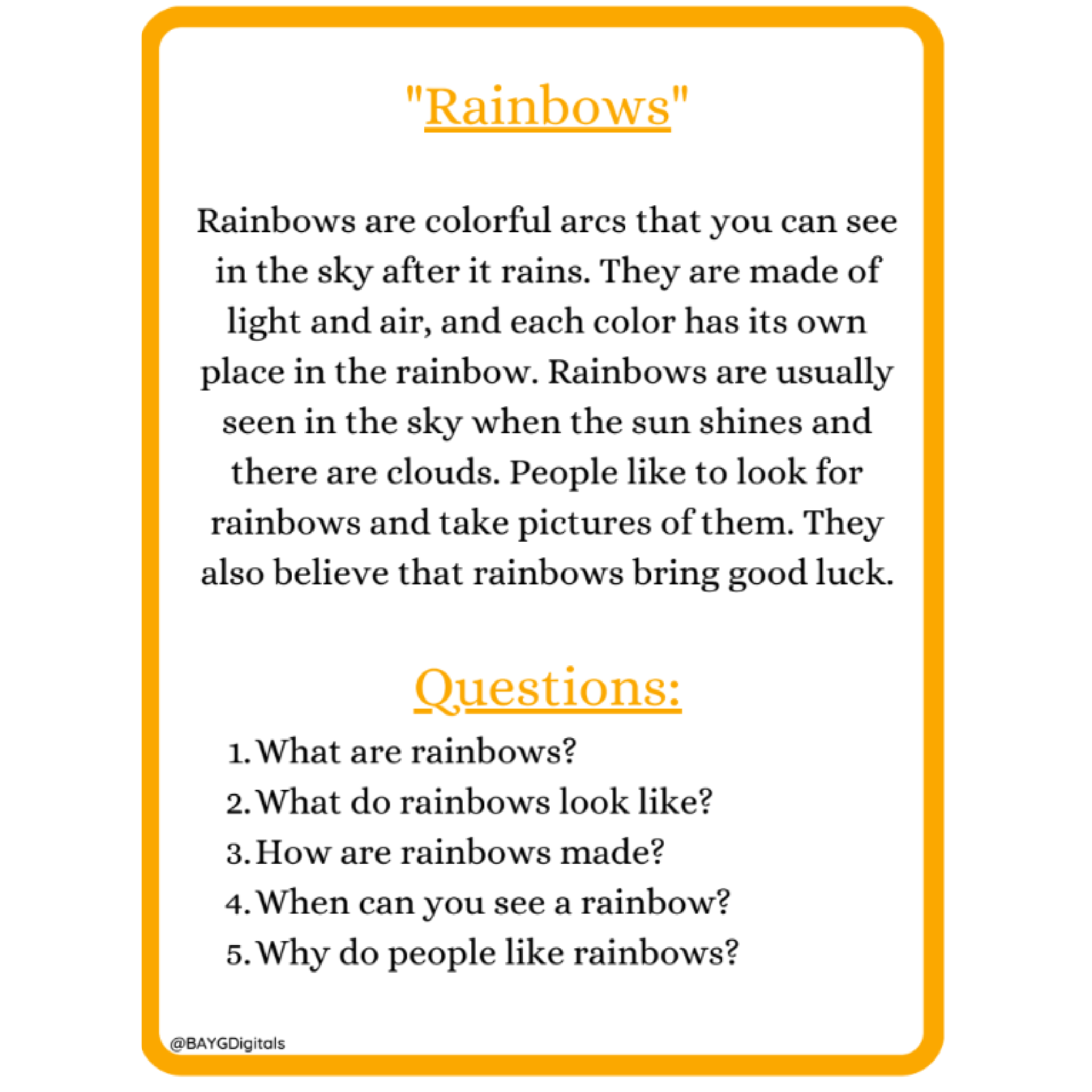 Picture Reading Comprehension Passages for Kids