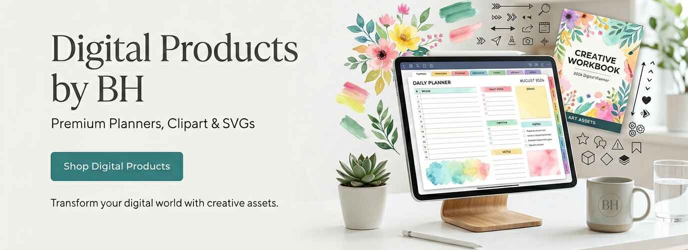 Premium digital products banner with planners, clipart, and SVGs.