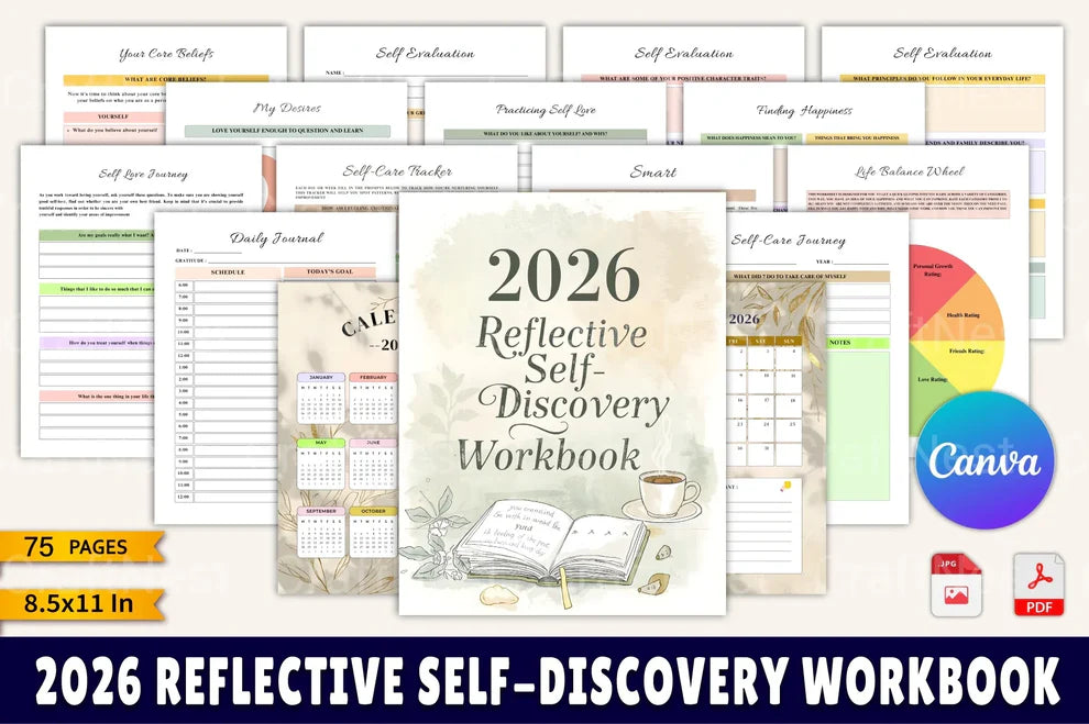 75-page reflective self-discovery workbook digital product bundle.