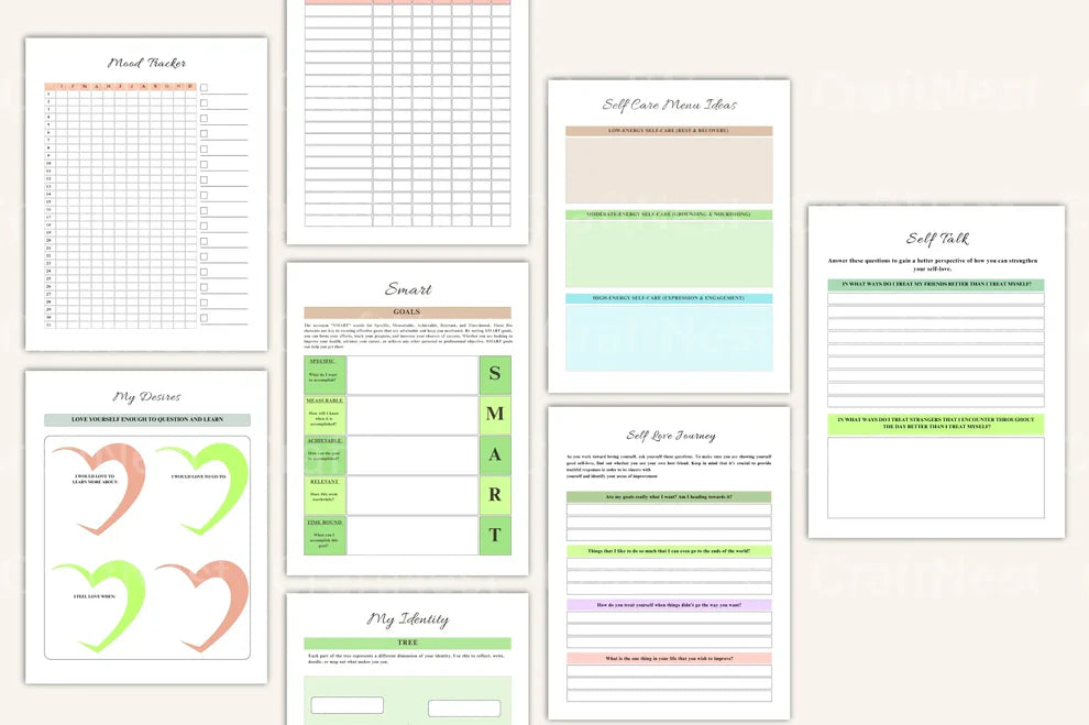 Self-care and goal planner bundle digital product pages.