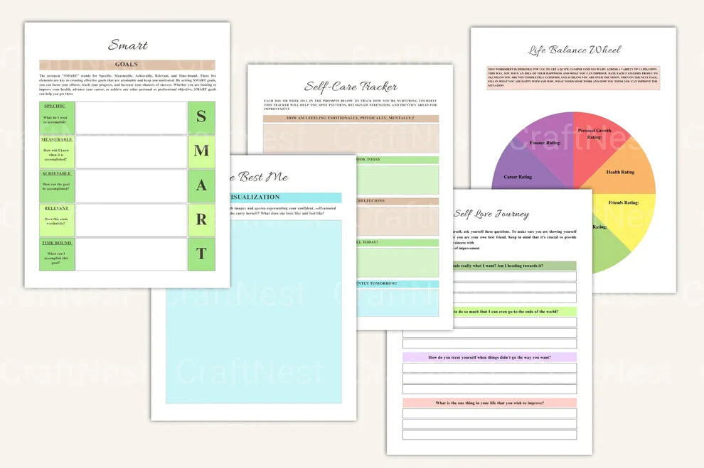 SMART goals and life balance wheel tracker digital product sheets.