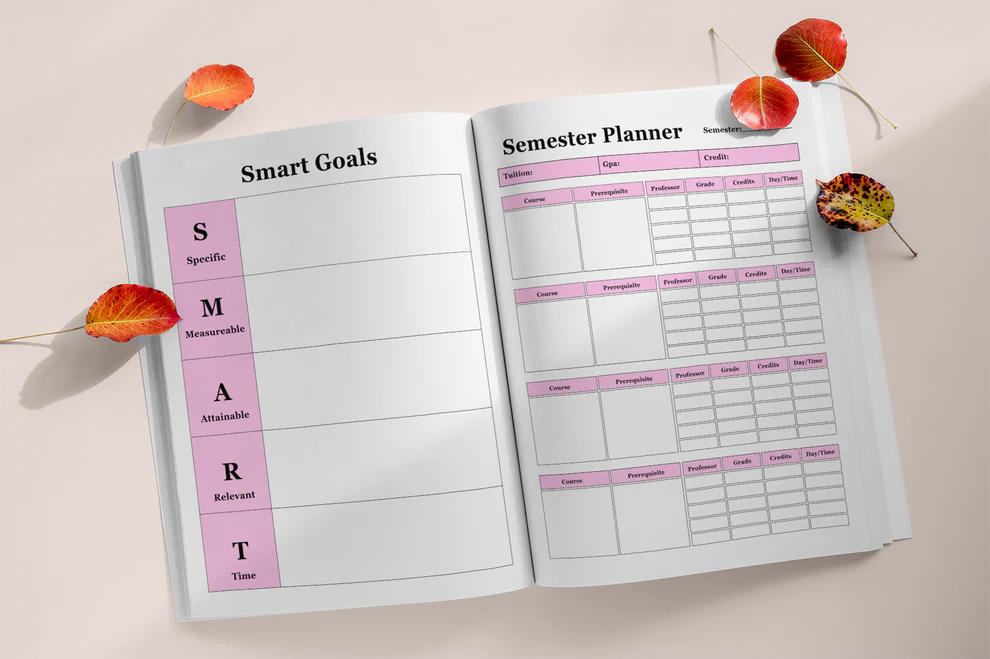SMART goals and semester planner pages from a teacher digital product.