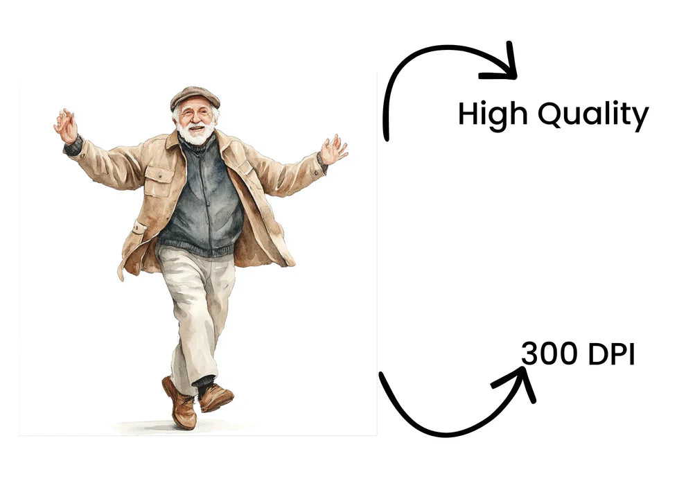 Vibrant elderly man dancing watercolor digital product design.