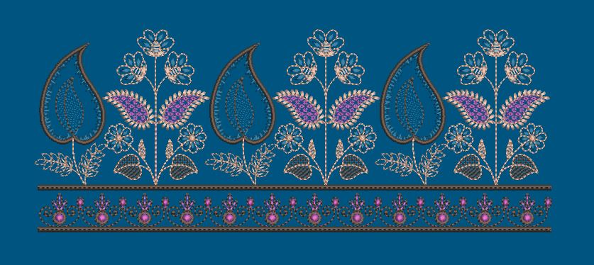 Paisley and Blossom Stalk Border Embroidery Design