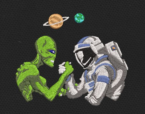 Alien Vs Astronaut Space Arm Wrestling Green & Grey Embroidery Design