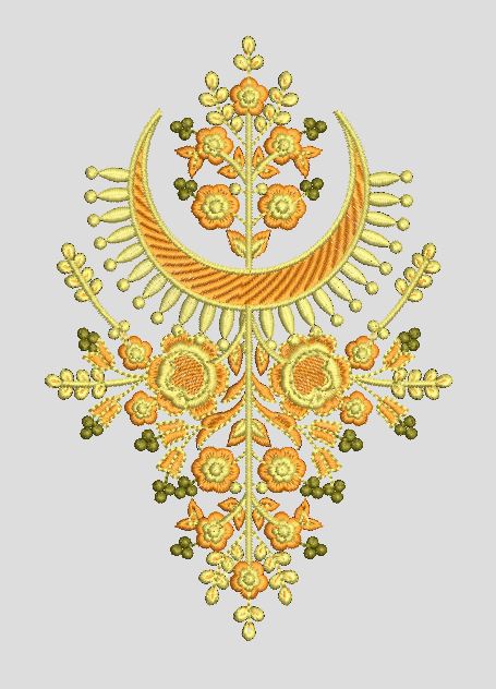 Crescent Moon and Floral Botanical Motif Embroidery Design