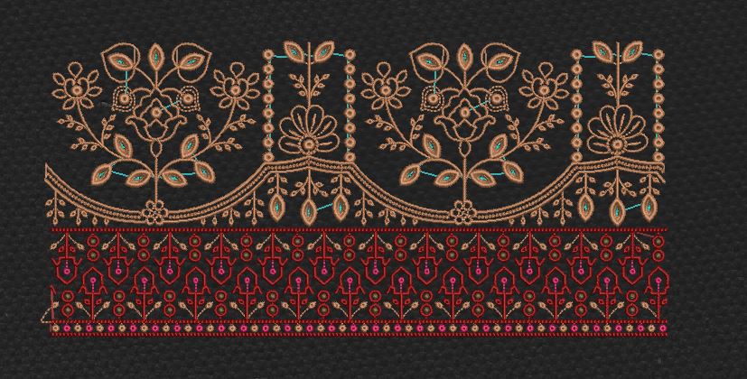 Floral Vine Double Border Black & Copper Red Embroidery Design