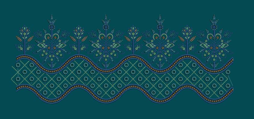 Teal Waves Lattice Floral Border Embroidery Design