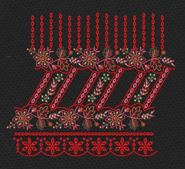 Floral Border Red Vertical Lines Embroidery Design
