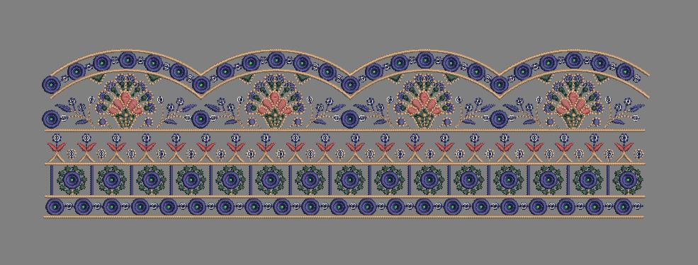 Grey Arch Floral Basket Panel - Grey, Blue & Coral Embroidery Design