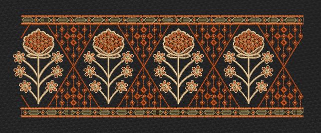 Black Mughal Tulip Jaal Border Black & Rust Orange Embroidery Design