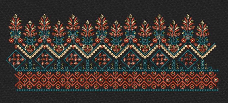 Black Rust Tribal Buta Crown Border Black Rust & Teal Embroidery Design
