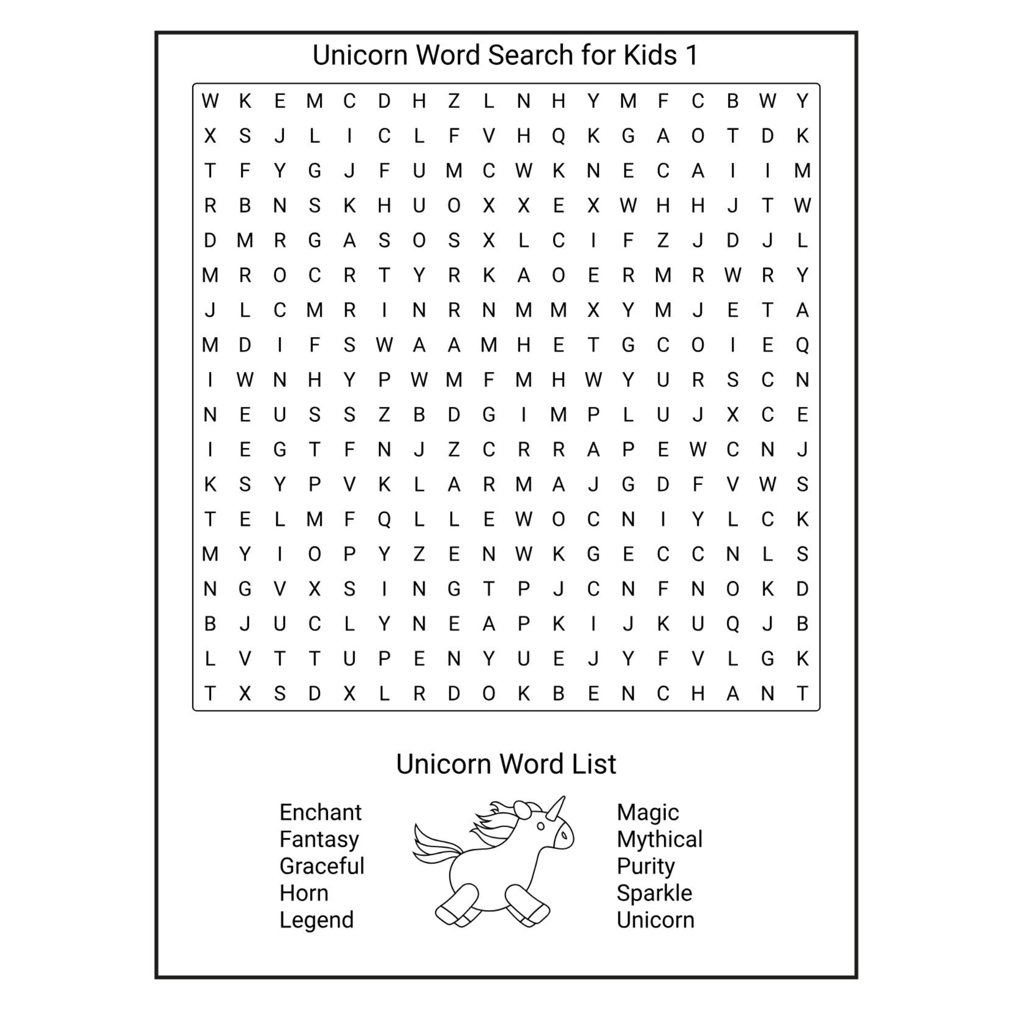 Unicorn Word Search for Kids