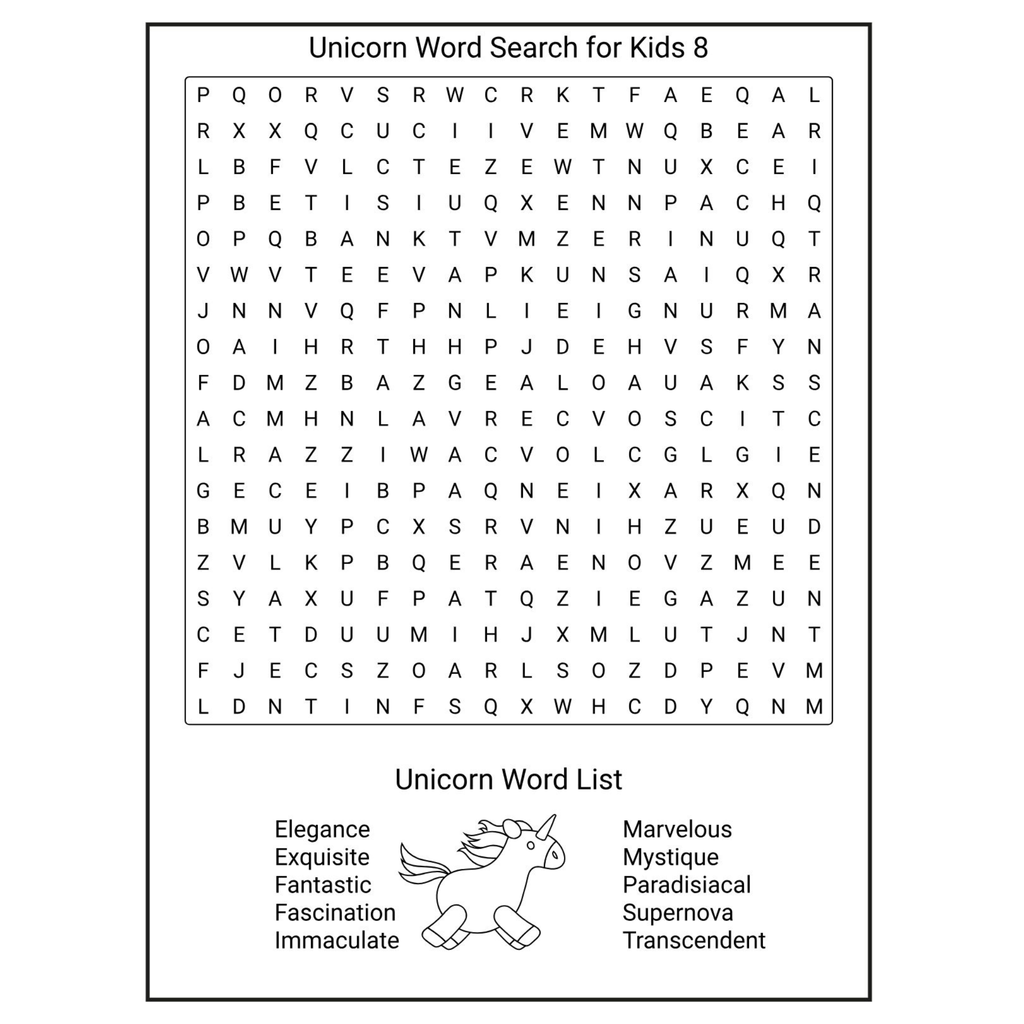 Unicorn Word Search for Kids