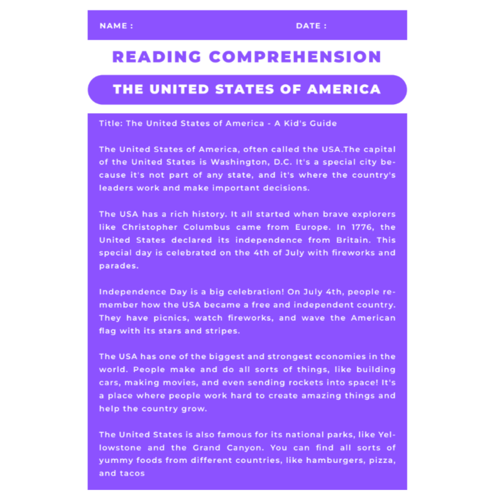 USA Reading Comprehension Worksheet