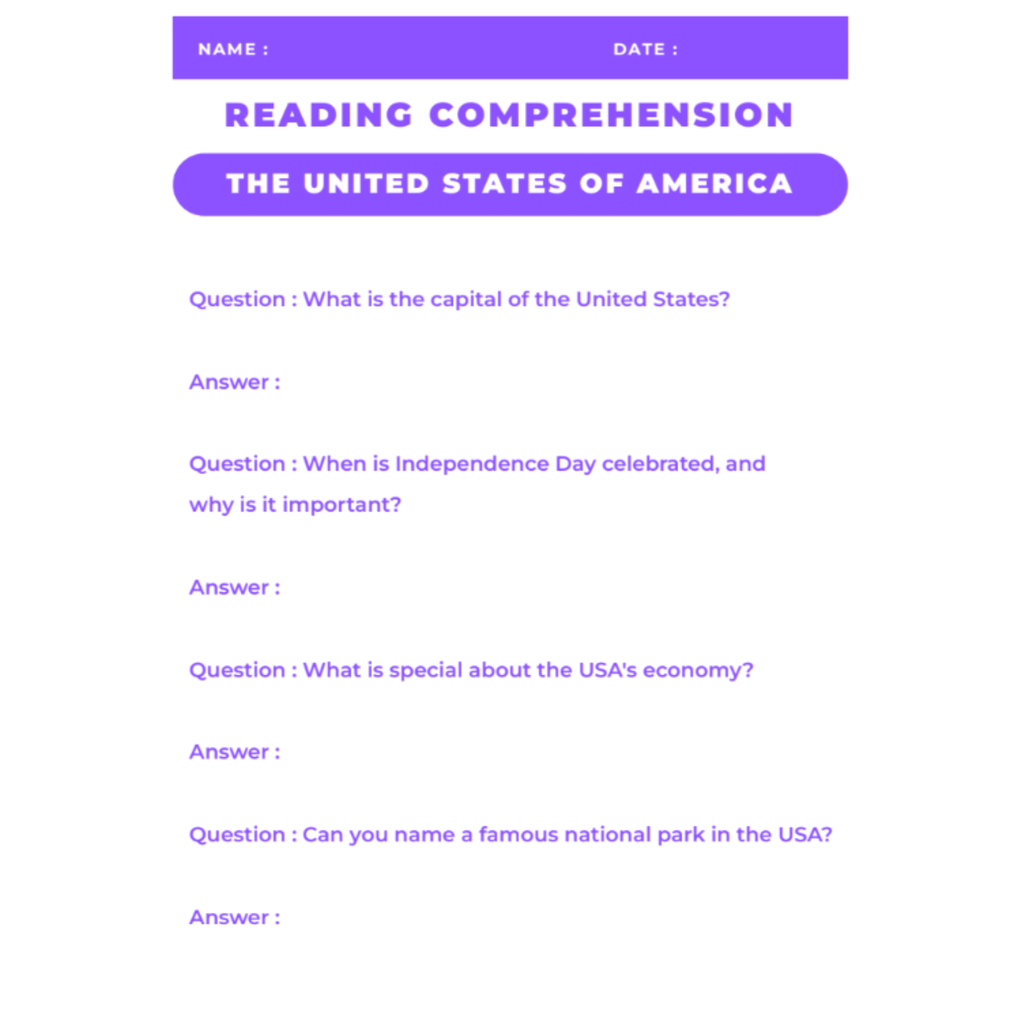 USA Reading Comprehension Worksheet