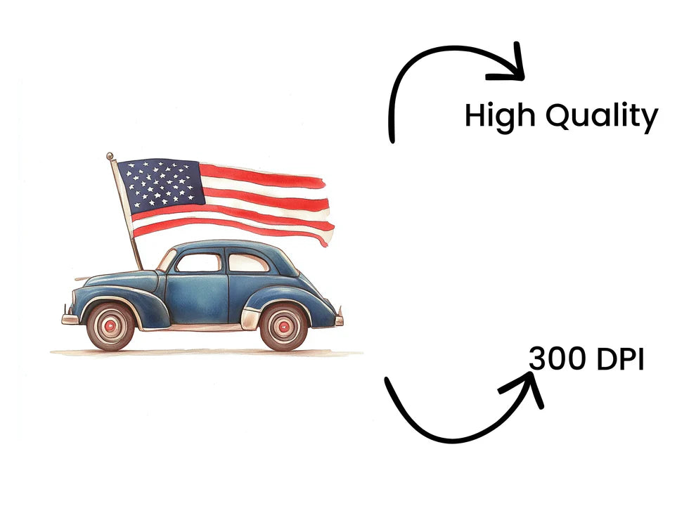 Classic vintage car with American flag clipart digital product.